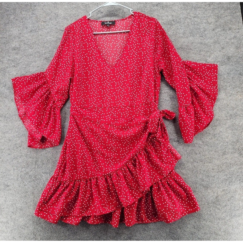 Lulu's Red Polka Dot Mini Wrap Dress Size Medium Ruffle Sleeve Cocktail Romantic - Picture 3 of 7